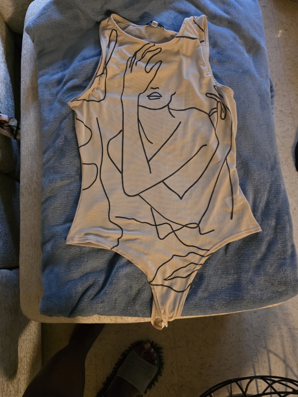 Fashion Nova Beige Sleeveless Bodysuit with Black Line Art